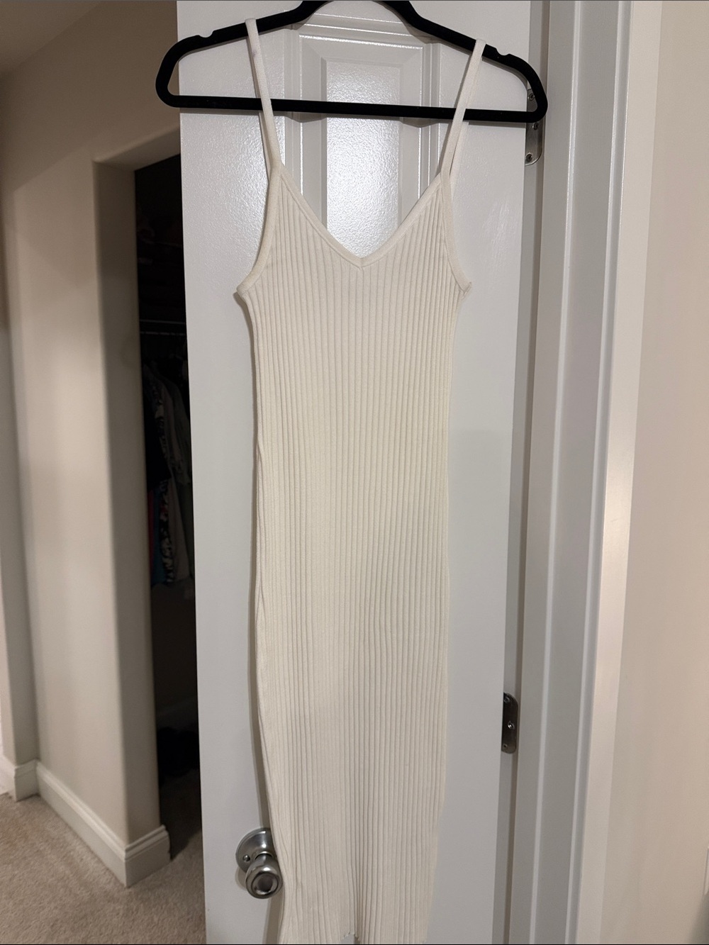 Zara Cream Ribbed V-Neck Midi Slip Dress